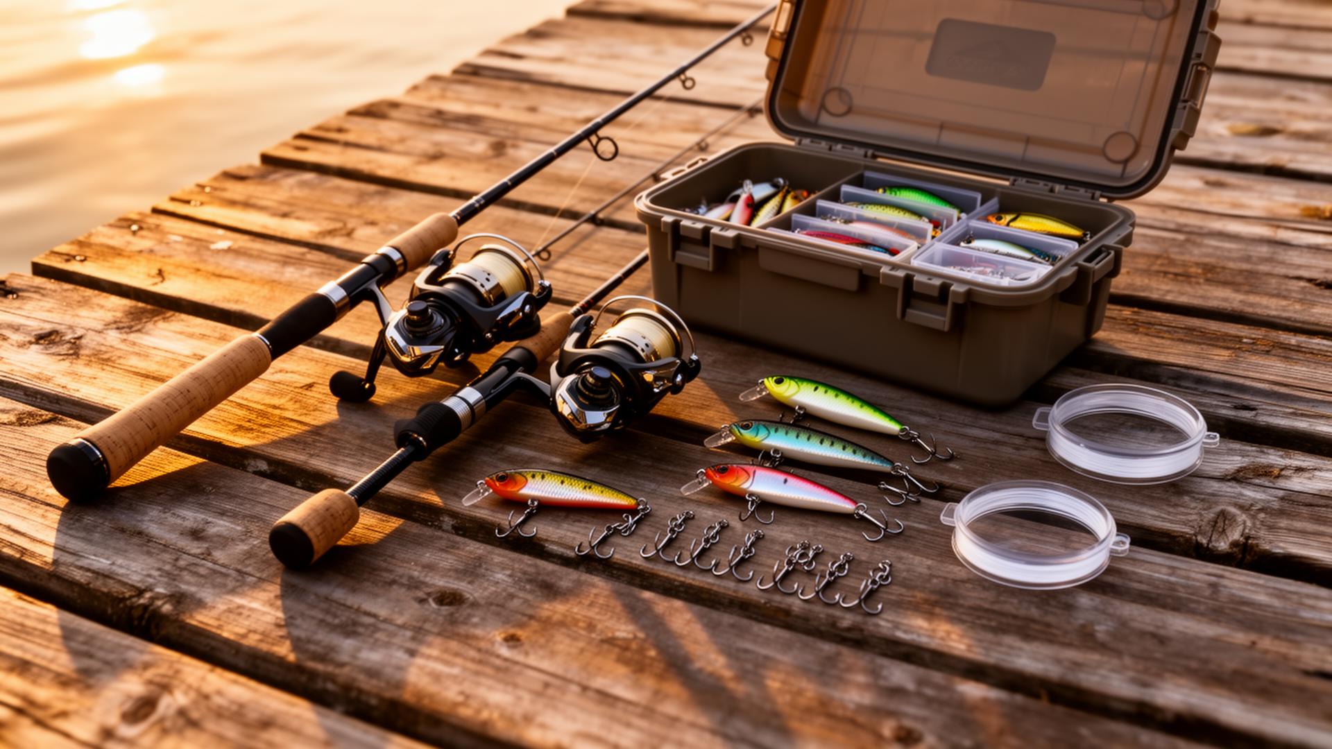 Premium fishing gear collection with rods, reels, and tackle